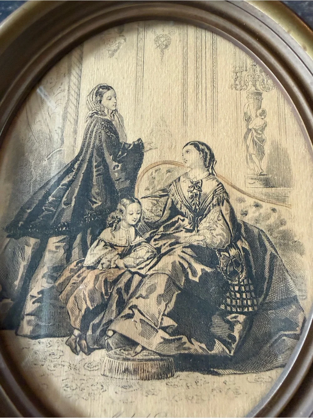 Antique Oval framed La Mode Illustree‎ Ladies in Gowns Paris mid 1800's set 2